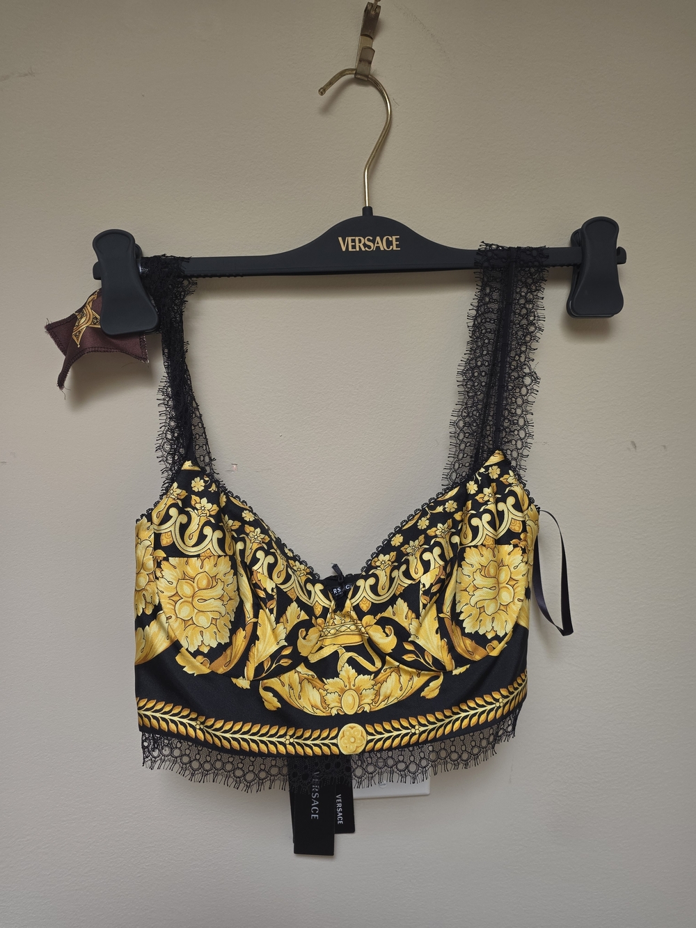 New Versace Black & Gold Baroque Lace Crop Top In 36